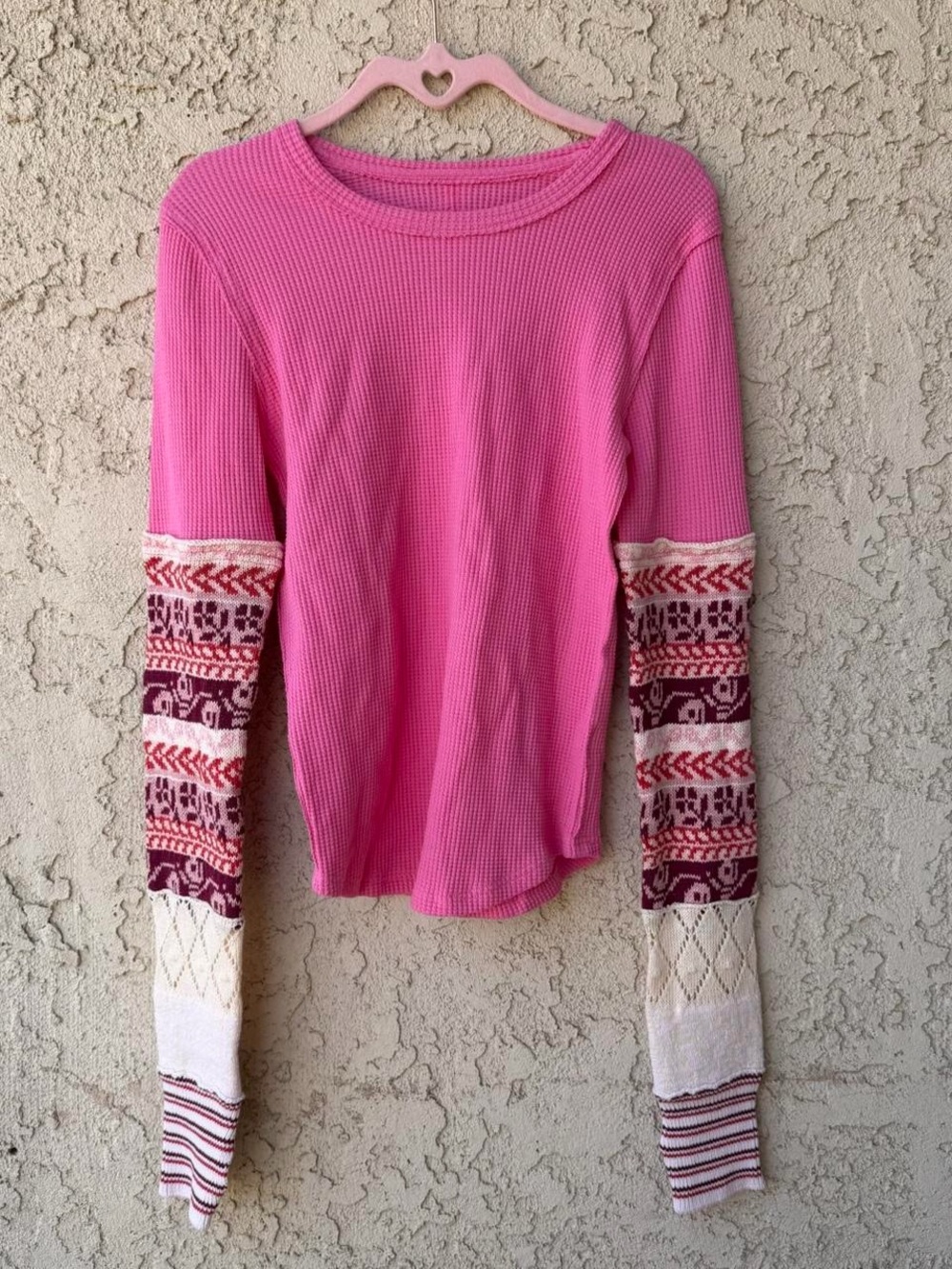 We The Free Pink Thermal Top with Patterned Sleeve Panels
